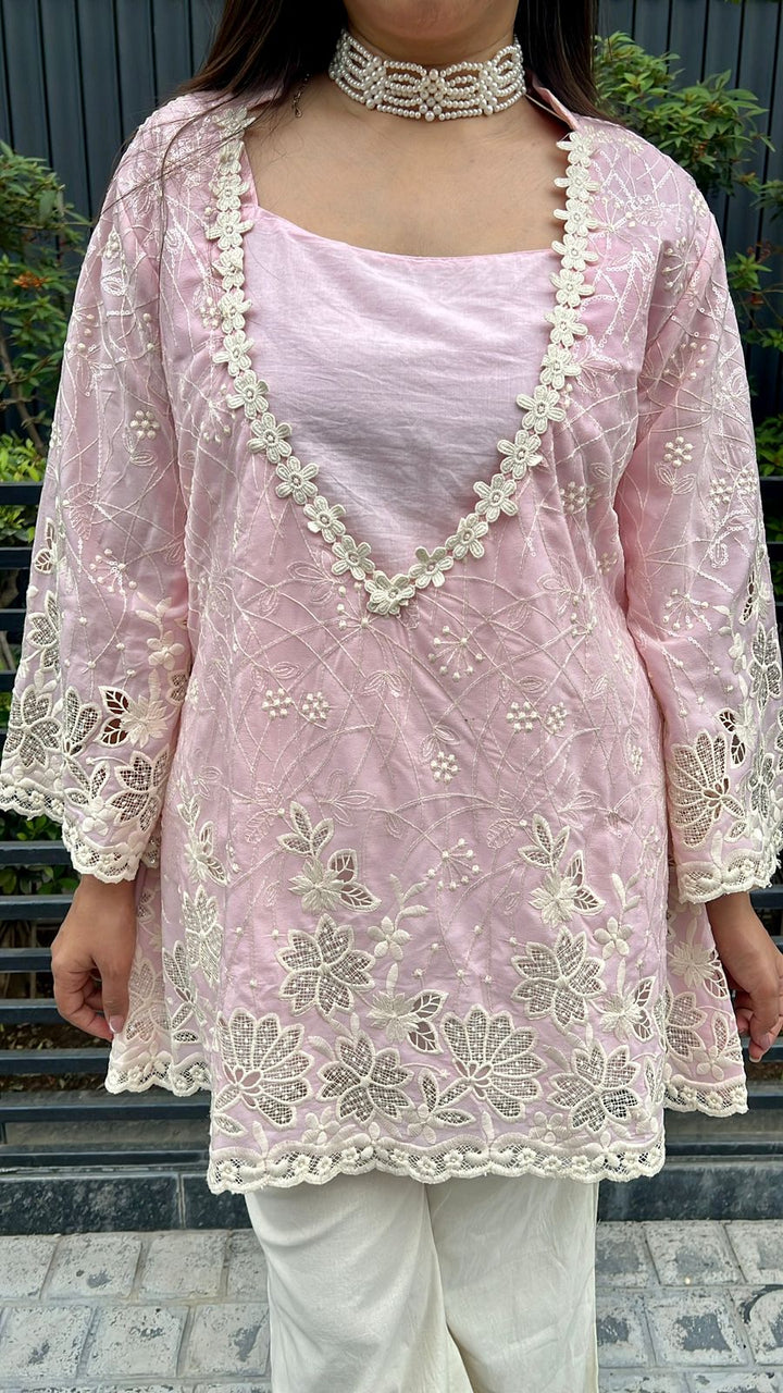 PINK 3pc Cotton Partywear Co-ord Set With Short Inner