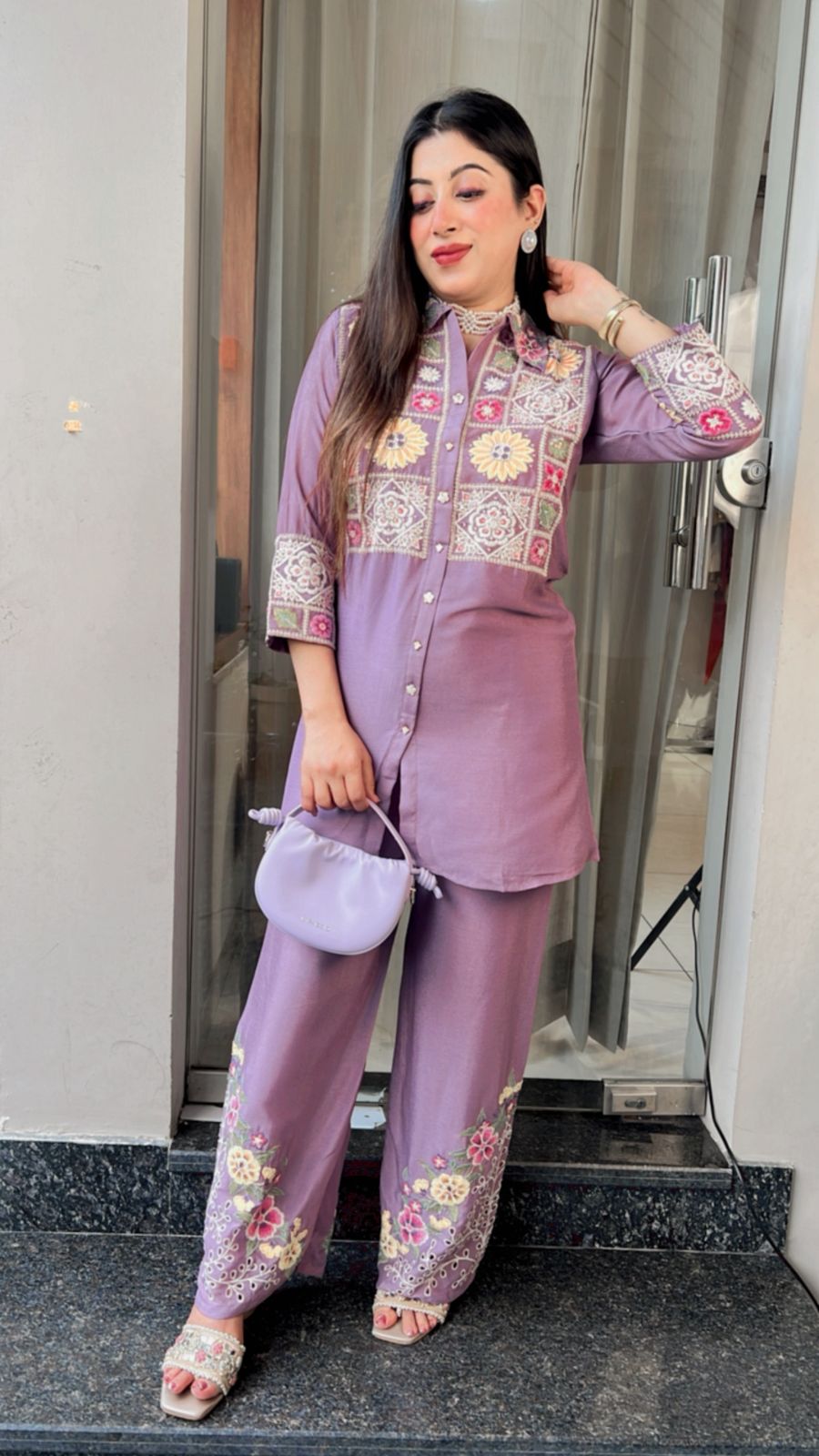 LAVENDER CHINON CO-ORD WITH EMBROIDERY & HANDWORK