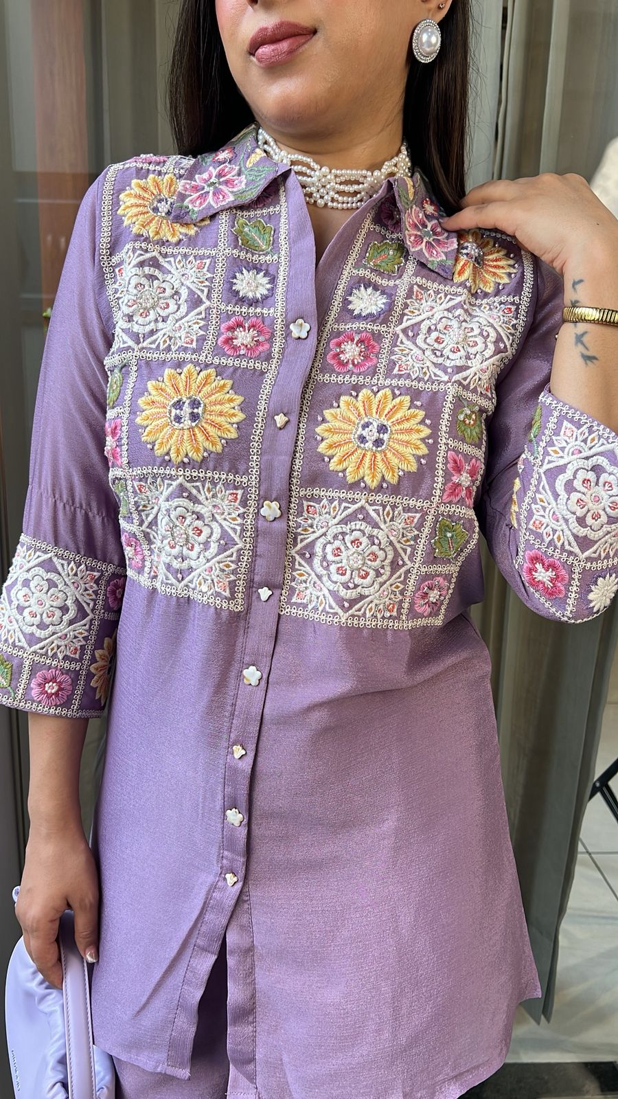 LAVENDER CHINON CO-ORD WITH EMBROIDERY & HANDWORK