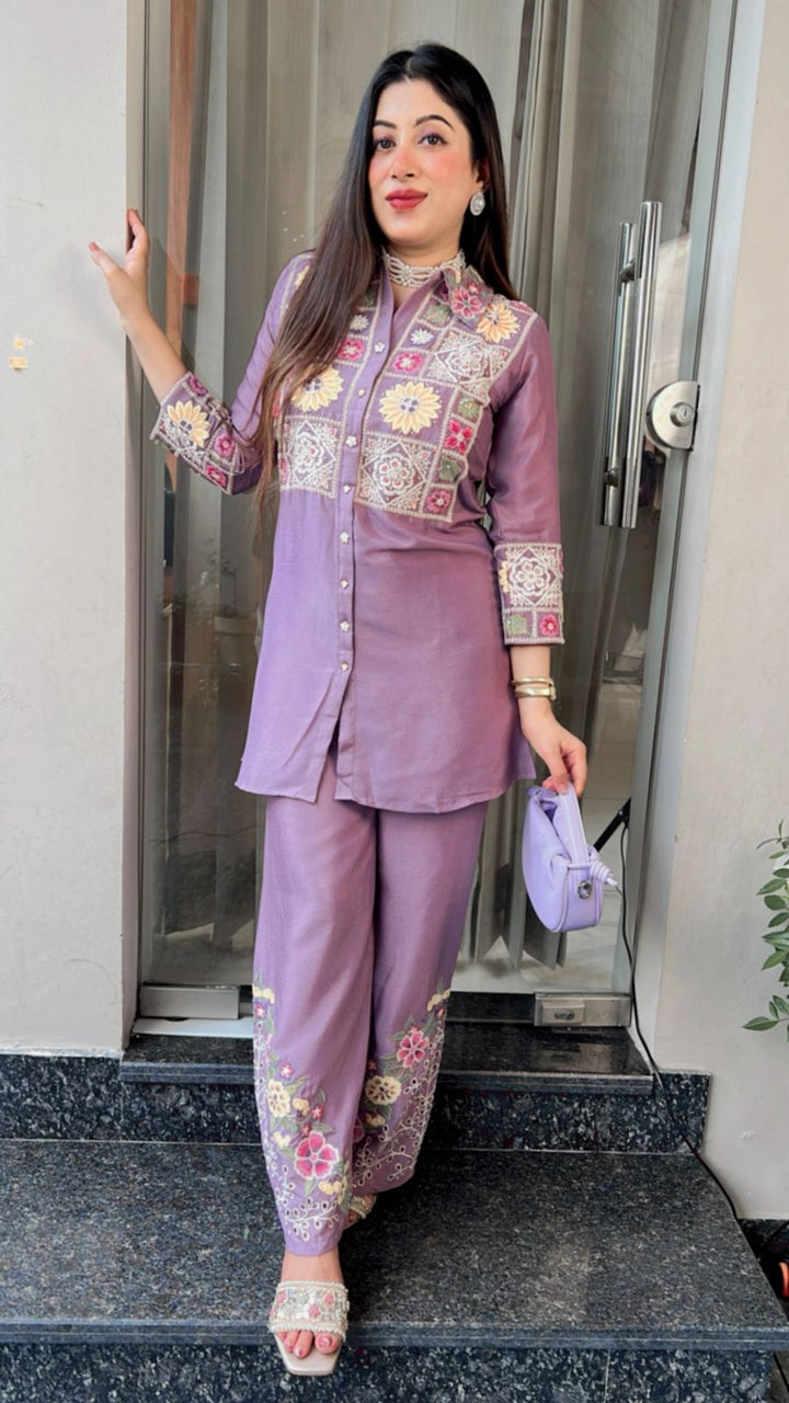 LAVENDER CHINON CO-ORD WITH EMBROIDERY & HANDWORK