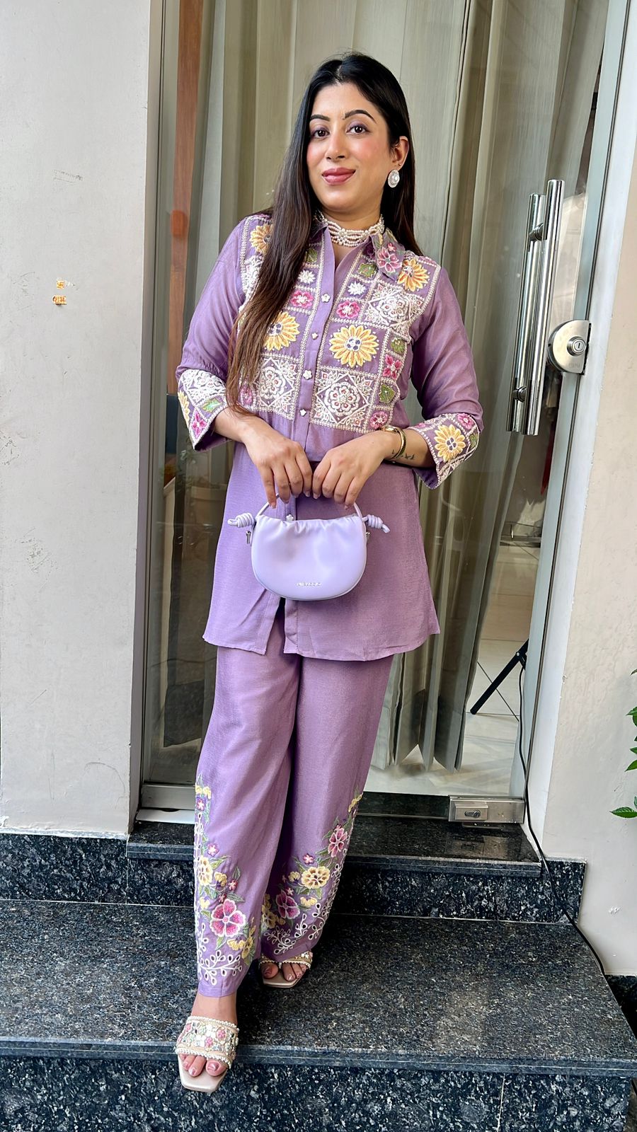 LAVENDER CHINON CO-ORD WITH EMBROIDERY & HANDWORK
