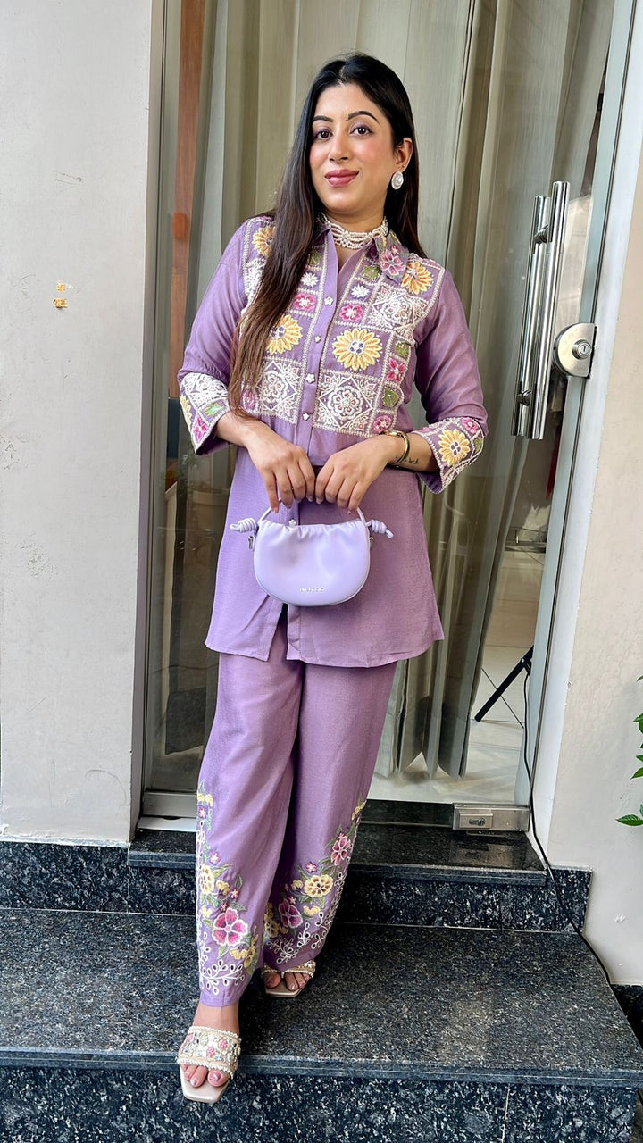 LAVENDER CHINON CO-ORD WITH EMBROIDERY & HANDWORK