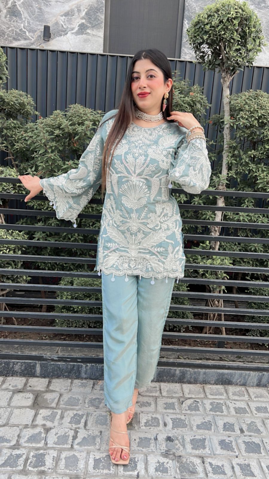 BLUE SHIMMER ORGANZA WITH HANDWORK & EMBROIDERY
