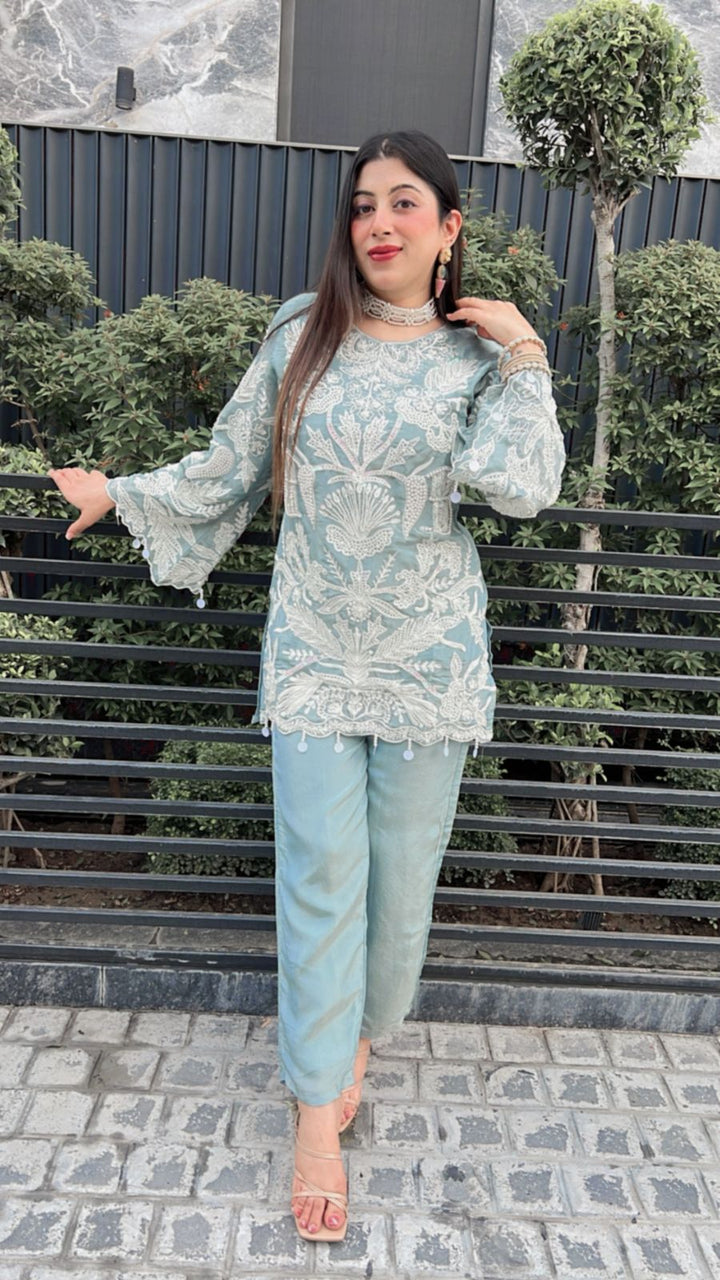BLUE SHIMMER ORGANZA WITH HANDWORK & EMBROIDERY