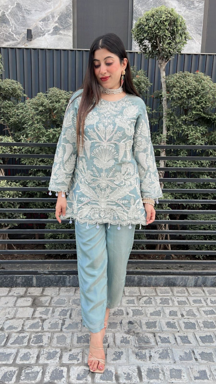 BLUE SHIMMER ORGANZA WITH HANDWORK & EMBROIDERY