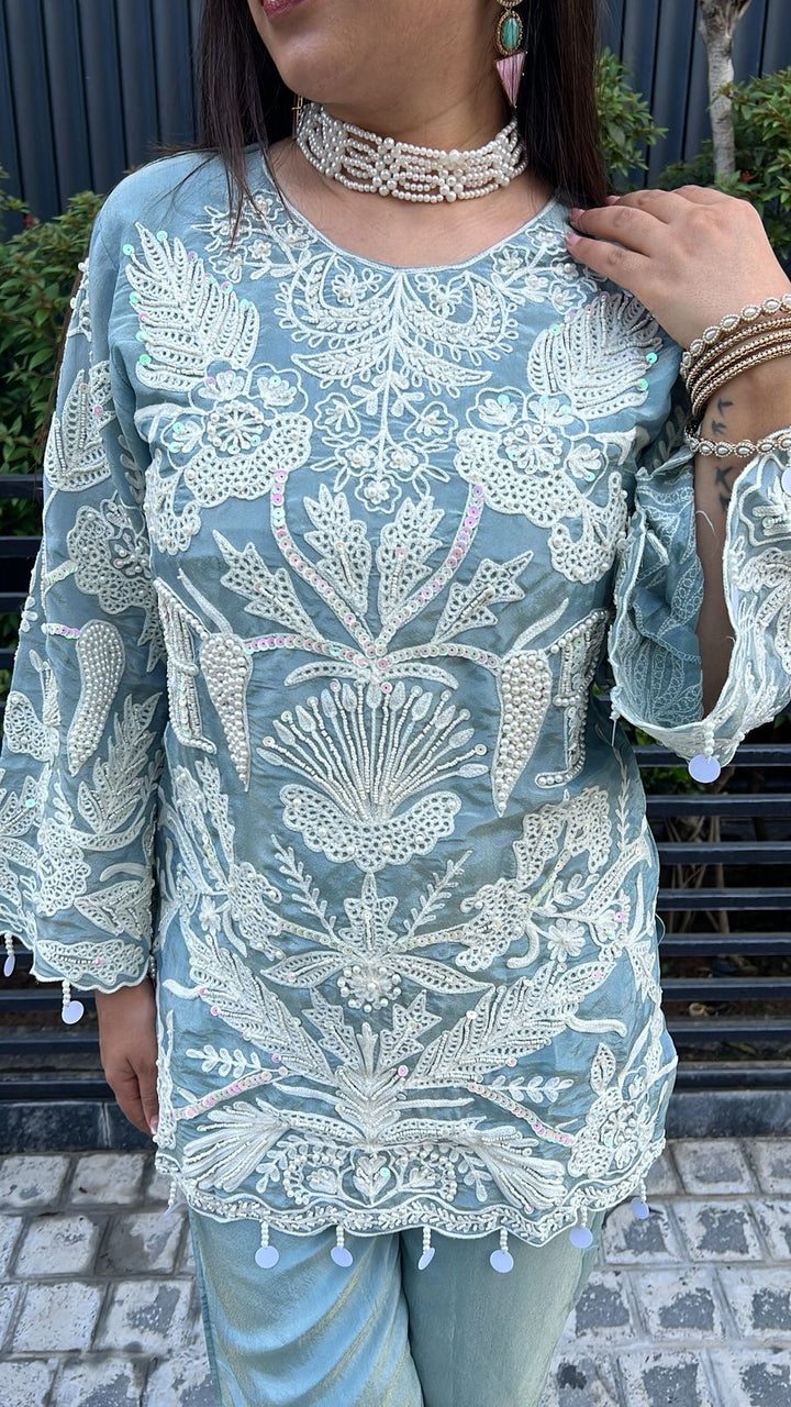 BLUE SHIMMER ORGANZA WITH HANDWORK & EMBROIDERY