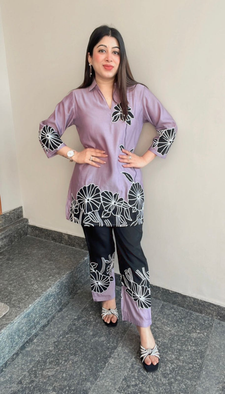 LAVENDER BLACK FLOWER EMBROIDERD CO-ORD