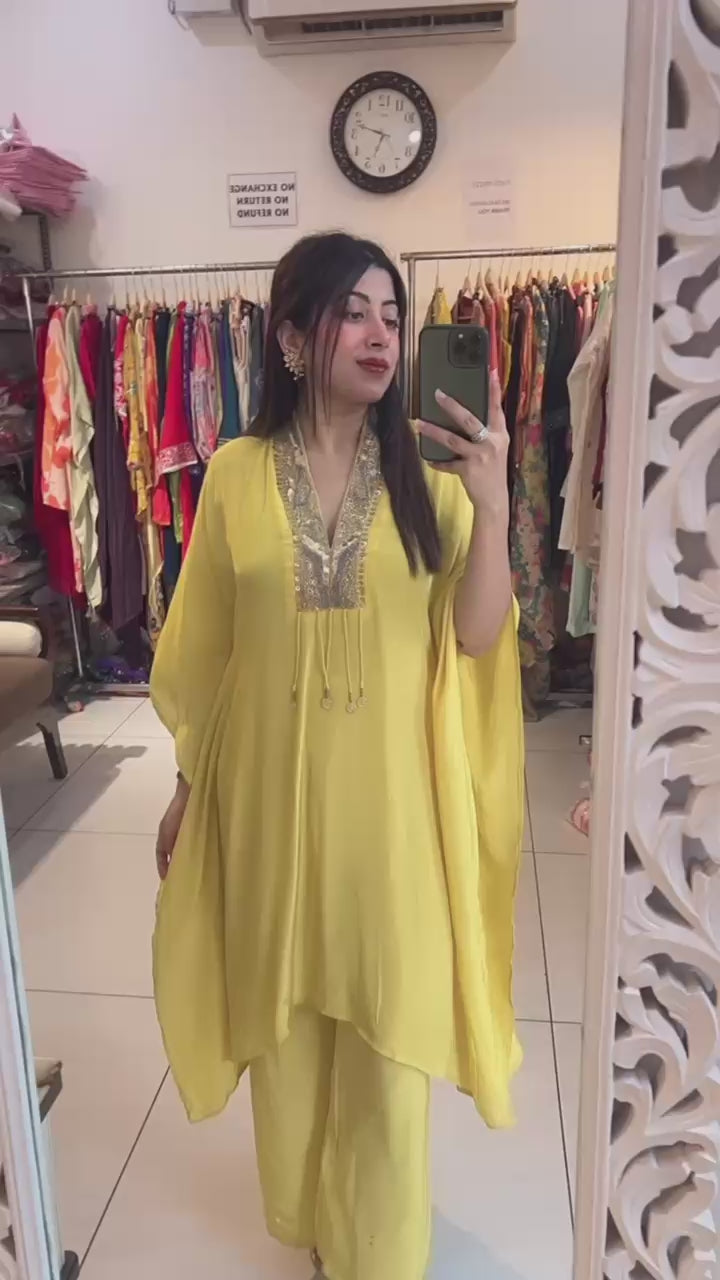 Crepe Indo-Western kaftan set in a vibrant yellow hue.